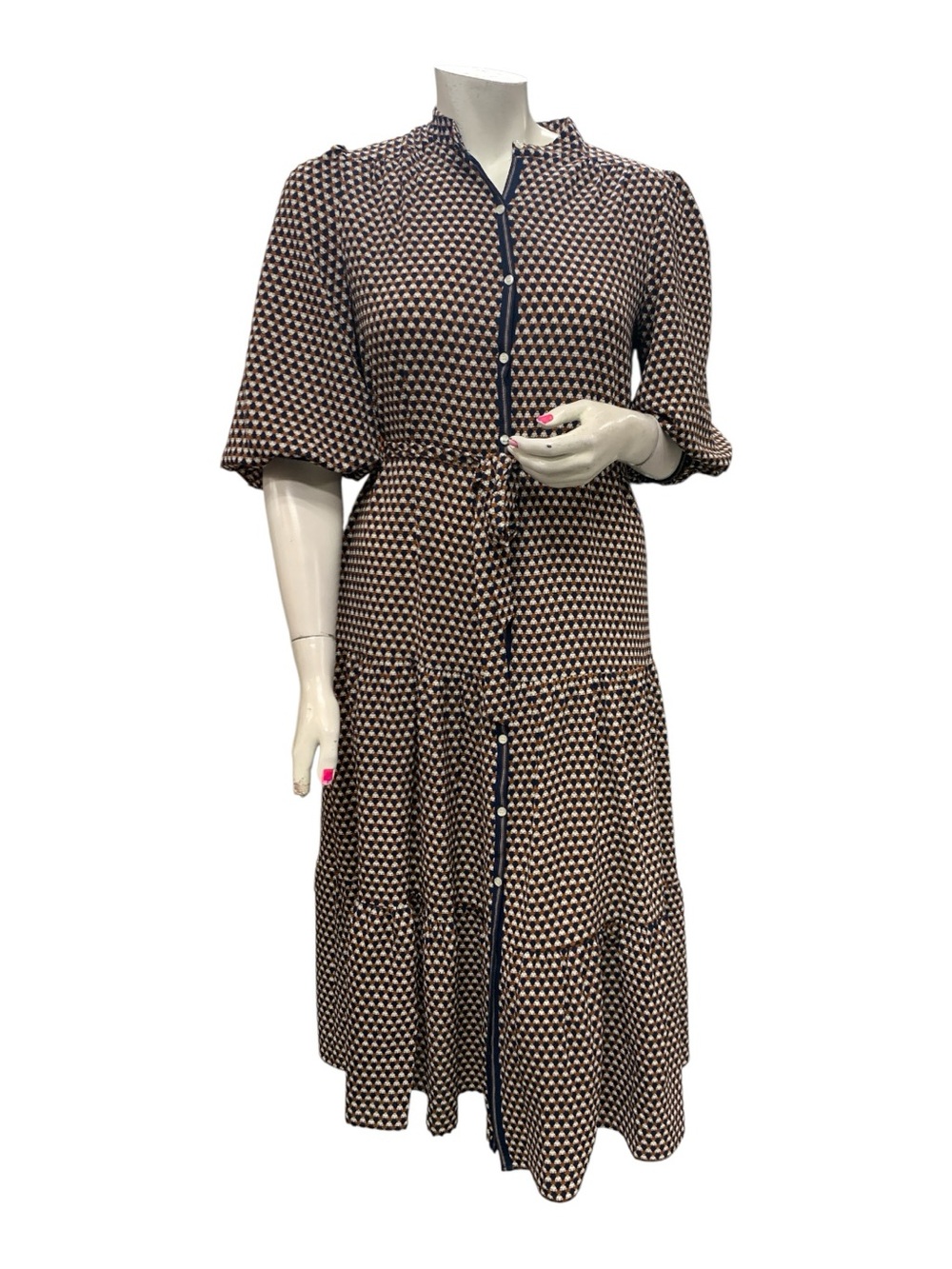 Max Studio Navy and Brown Geometric Button-Front Midi Dress